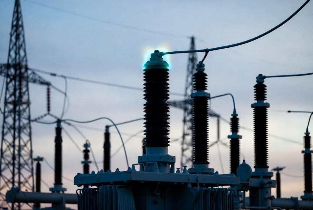 Close-up of high-voltage equipment insulation undergoing Partial Discharge (PD) degradation.