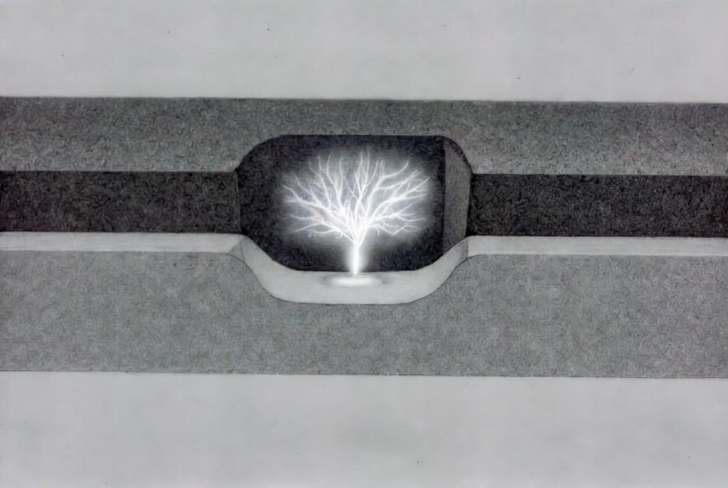 Diagram showing Partial Discharge occurring inside a void within solid electrical insulation material.