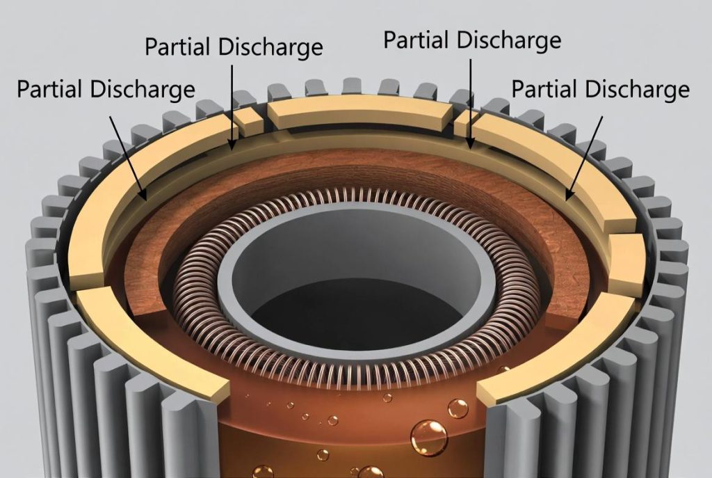Cross-sectional view of transformer insulation showing oil-paper layers, windings, and potential partial discharge locations.