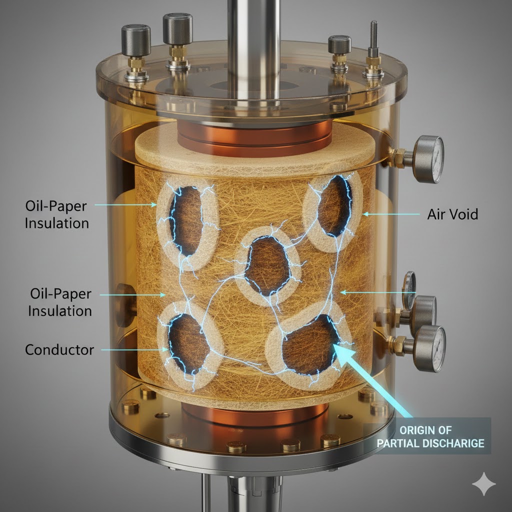 Internal transformer insulation structure illustrating air voids in oil-paper insulation where partial discharge can originate.