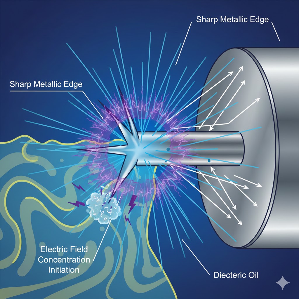 Illustration of electric field concentration at sharp metallic edges inside a transformer leading to partial discharge initiation.