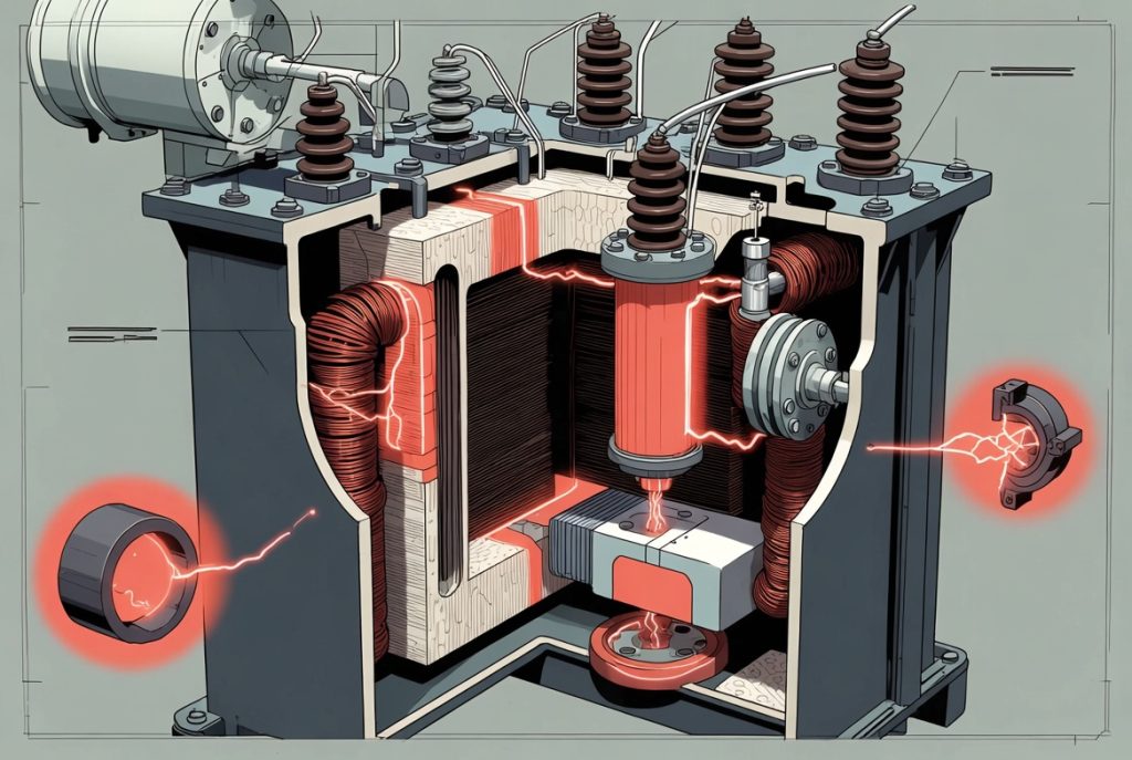 Transformer internal components with floating potential areas where partial discharge activity can occur.