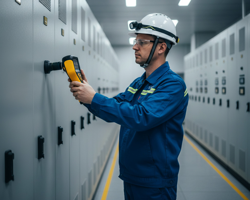 Technician using an ultrasonic partial discharge detector to inspect electrical equipment.