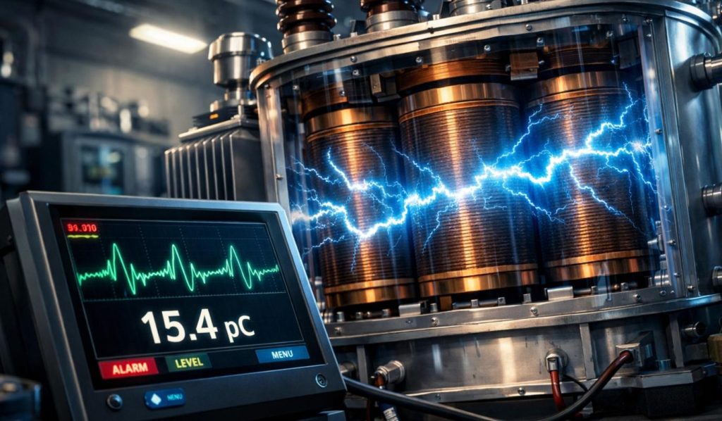 A professional technical illustration showing a high-voltage transformer with internal partial discharge sparks and a digital display reading 15.4 pC, the unit of partial discharge.