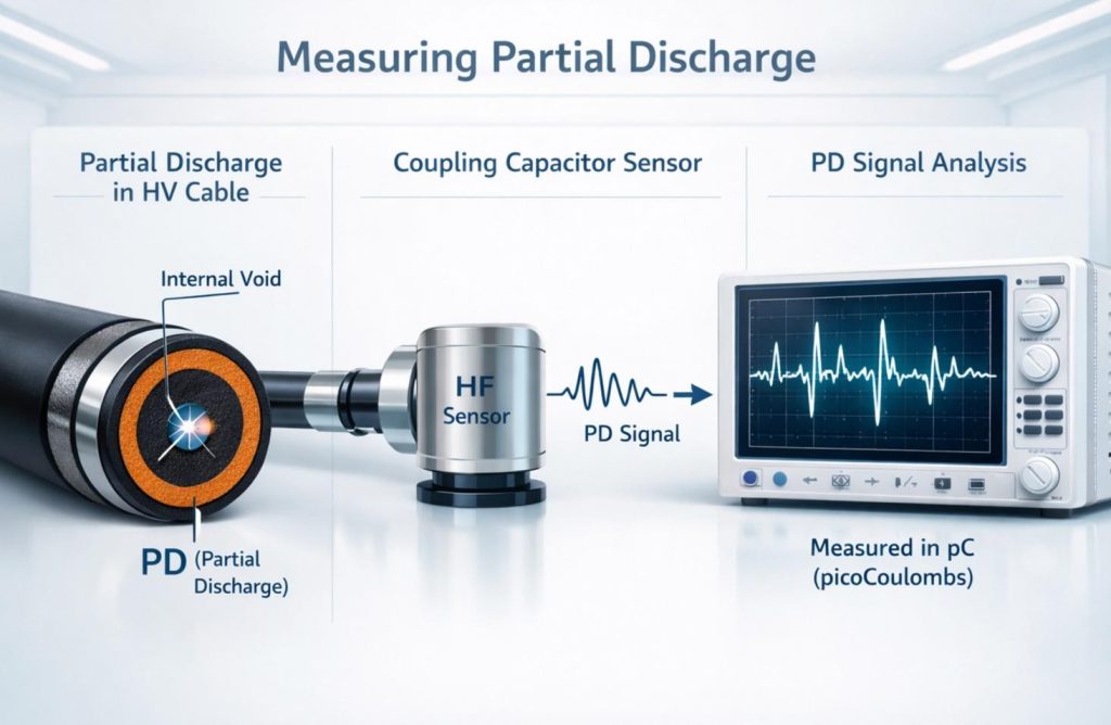 A technical infographic showing the measurement of partial discharge from a high-voltage cable to a sensor and digital display in picoCoulombs (pC).