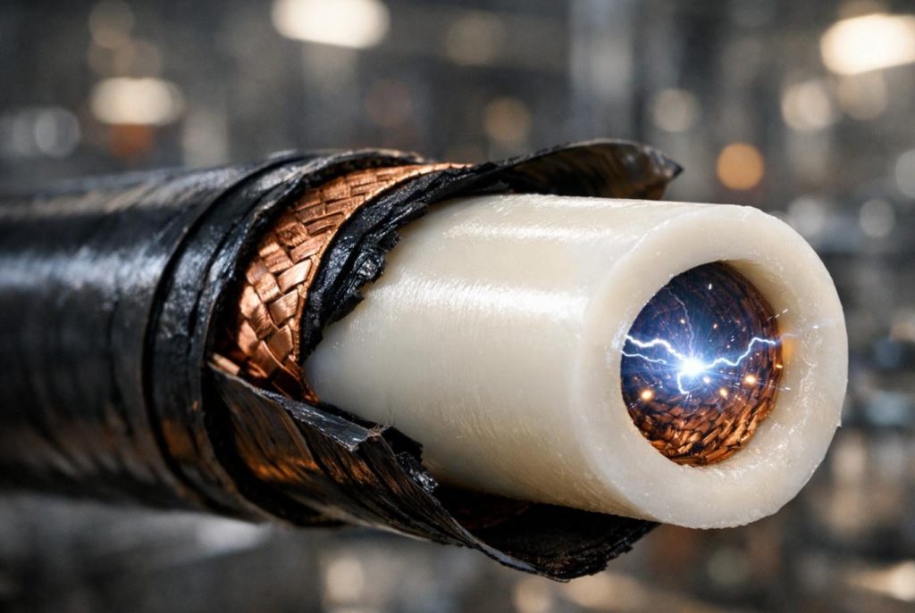 A close-up photorealistic image of a high-voltage cable showing a small partial discharge spark within the insulation layer.
