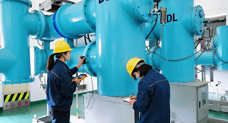 Engineer using a partial discharge detector to test GIS equipment
