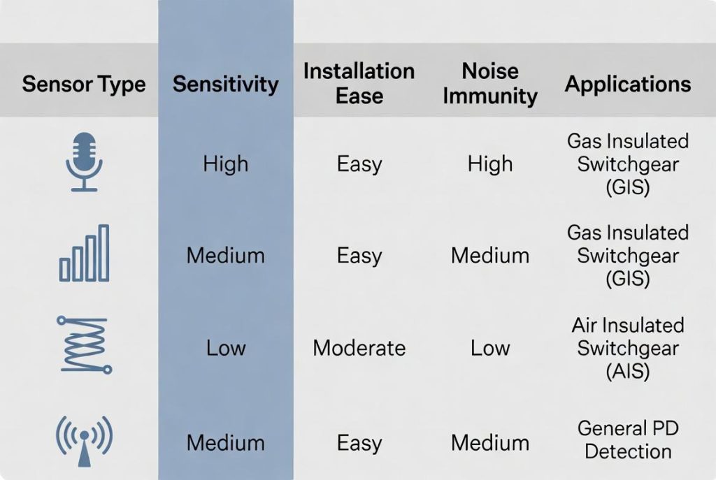 Comparison chart of partial discharge detection methods for switchgear including UHF, TEV, HFCT sensors advantages