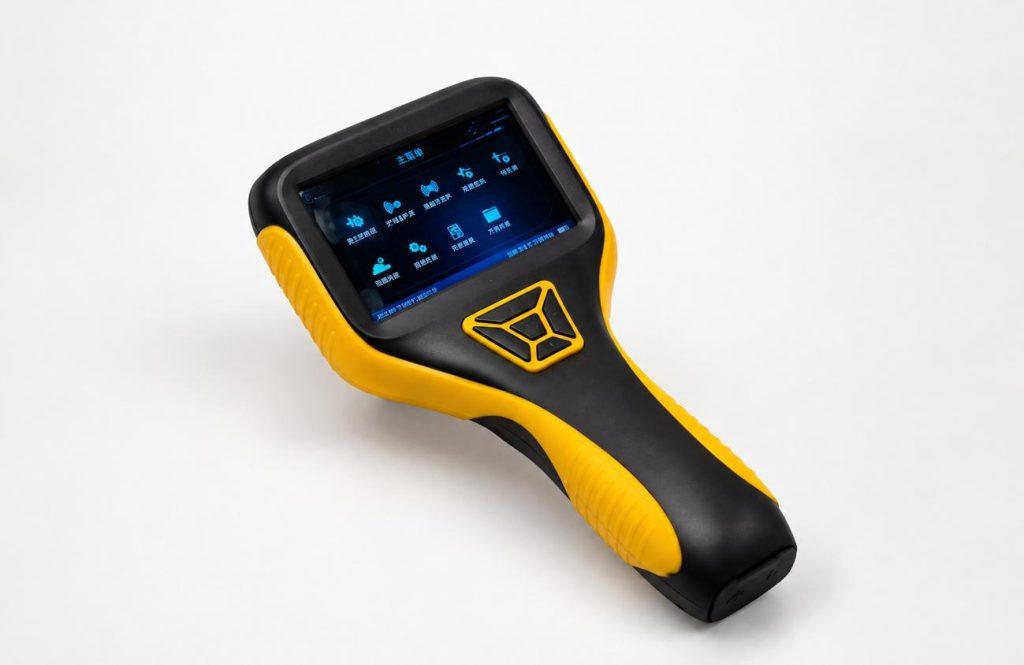 Black and yellow handheld partial discharge analyzer with a built-in display