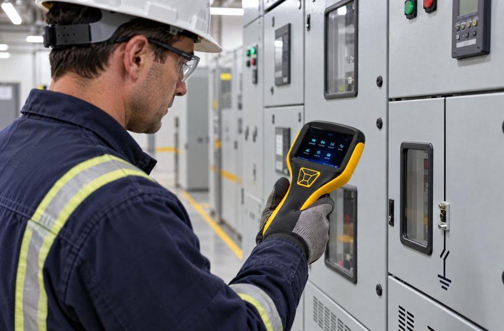 Electrical maintenance engineer using a handheld partial discharge analyzer beside medium-voltage switchgear